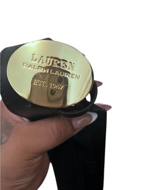 Lauren Ralph Lauren Black Belt with Gold Oval Logo Buckle